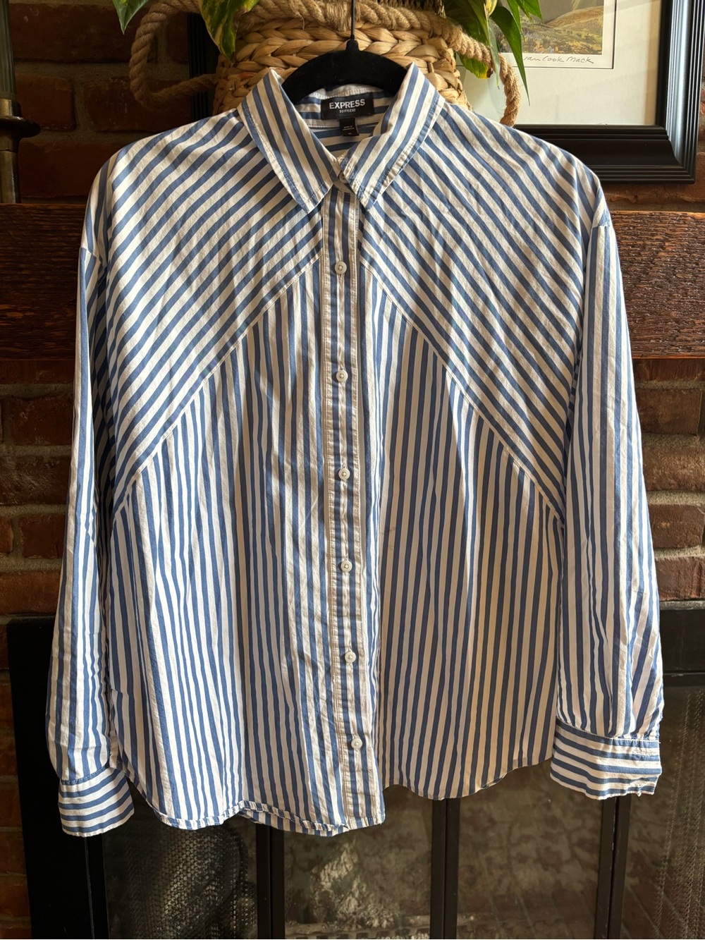 Express Boyfriend Blue White Striped Cotton Long Sleeve Shirt Size M